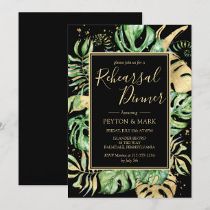 Tropical Modern Black & Gold Rehearsal Dinner Invitation