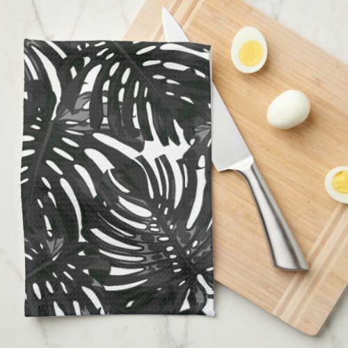 Tropical Modern Black White Jungle Leaves Kitchen Towel
