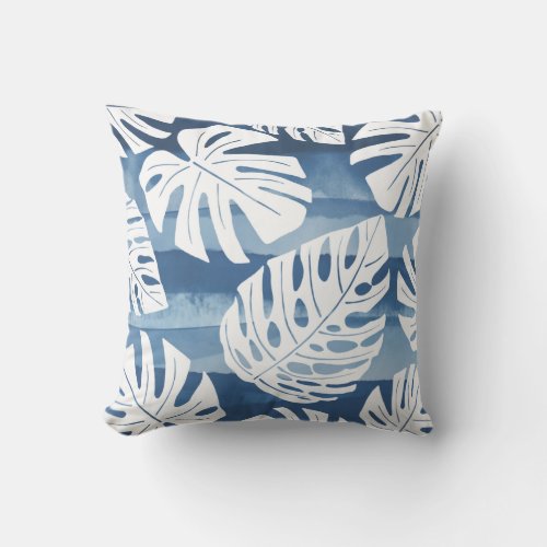Tropical Modern Blue White Palm Leaves Outdoor Pillow