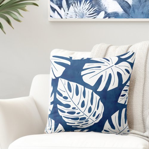 Tropical Modern Blue White Palm Leaves Throw Pillow