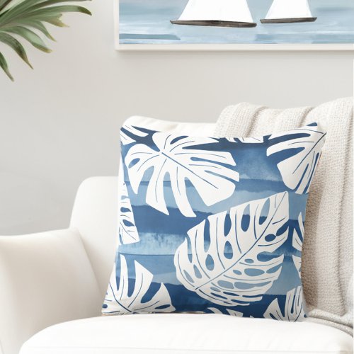 Tropical Modern Blue White Palm Leaves Throw Pillow