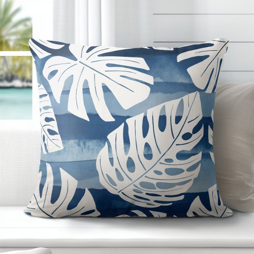 Tropical Modern Blue White Palm Leaves Throw Pillow