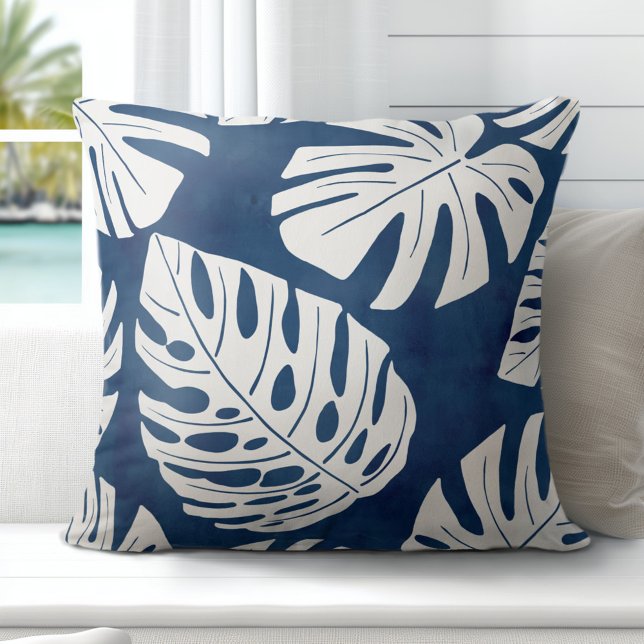 Tropical Modern Blue White Palm Leaves Throw Pillow (Discover Gorgeous Coastal Throw Pillows by Totally Coast.)