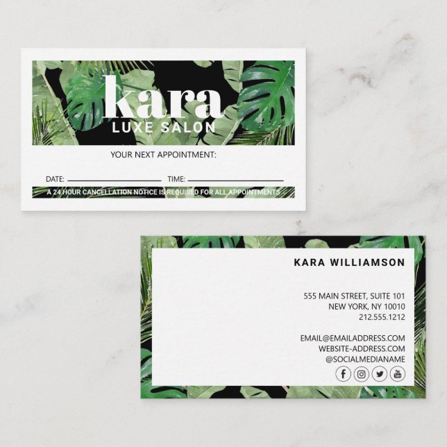 Tropical Modern Boutique Salon Black Appointment Loyalty Card (Front/Back)