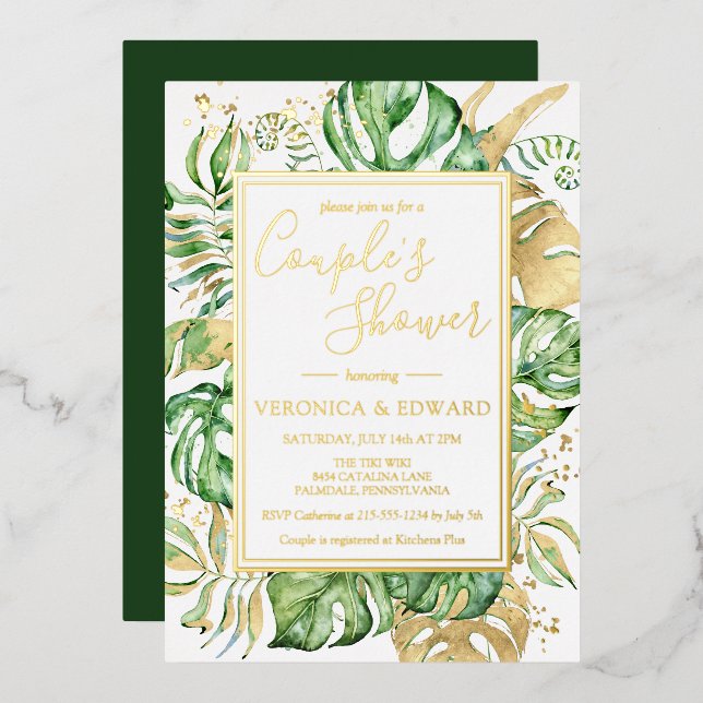 Tropical Modern Frame Couple's Wedding Shower Gold Foil Invitation (Front/Back)