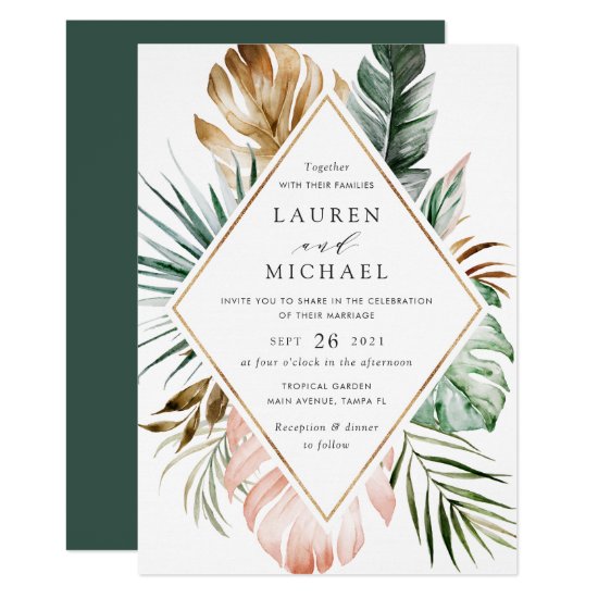 Tropical Modern Gold Palm Greenery Floral Blush Invitation