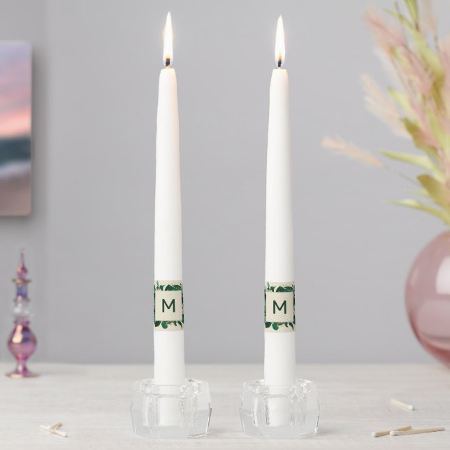 Tropical Modern Greenery Framed Wedding Monogram Taper Candle (In Situ)