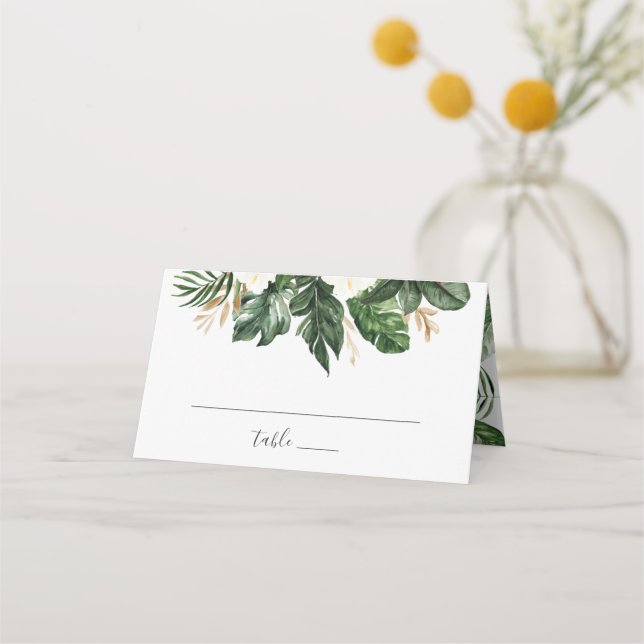 Tropical Modern Palm Beach Floral Gold Leaf Place Card (Front)