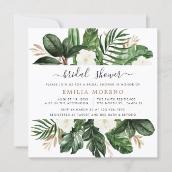 Tropical Modern Palm Cactus White Floral Bridal Invitation by HannahMaria at Zazzle