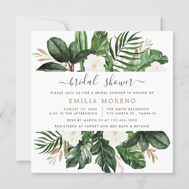 Tropical Modern Palm Cactus White Floral Bridal Invitation (Front)