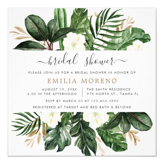 Tropical Modern Palm Cactus White Floral Bridal Invitation