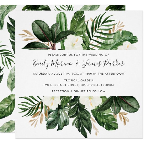 Tropical Modern Palm Cactus White Floral Invitation