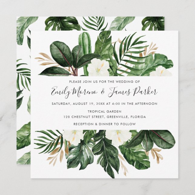 Tropical Modern Palm Cactus White Floral Invitation (Front/Back)