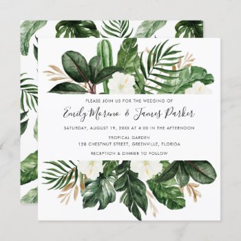 Tropical Modern Palm Cactus White Floral Invitation by HannahMaria at Zazzle