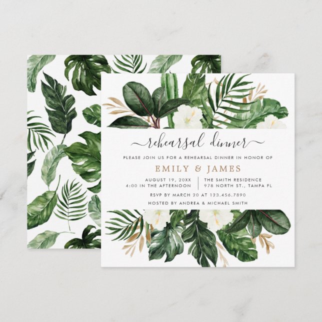 Tropical Modern Palm Cactus White Floral Rehearsal Invitation (Front/Back)
