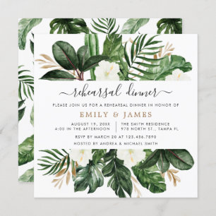 Tropical Modern Palm Cactus White Floral Rehearsal Invitation