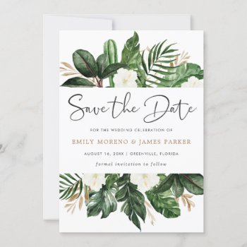 Tropical Modern Palm Cactus White Floral Save The Date by HannahMaria at Zazzle