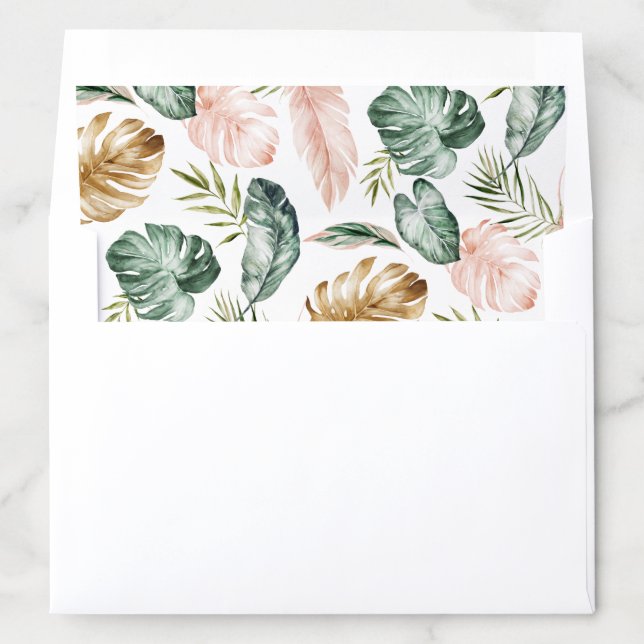 Tropical Modern Palm Leaf Blush Gold Wedding Envelope Liner (In Envelope)