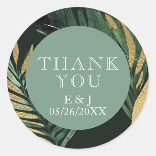 Tropical modern Palm leaves dusty green Wedding Cl Classic Round Sticker