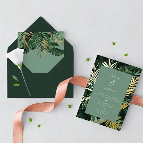 Tropical modern Palm leaves dusty green Wedding Fo Foil Invitation