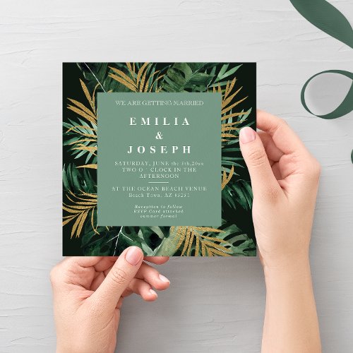 Tropical modern Palm leaves dusty green Wedding In Invitation