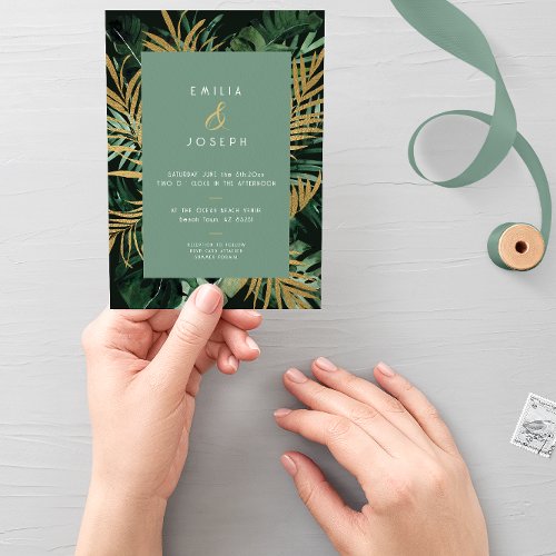 Tropical modern Palm leaves dusty green Wedding Invitation