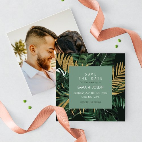 Tropical modern Palm leaves green Save the Date In Invitation