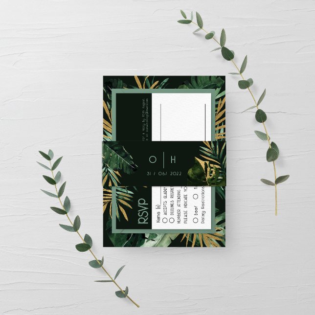 Tropical modern Palm leaves green Wedding Invitation Belly Band (Creator Uploaded)