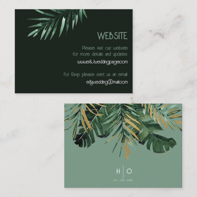 Tropical modern Palm leaves green Wedding Website Business Card (Front/Back)