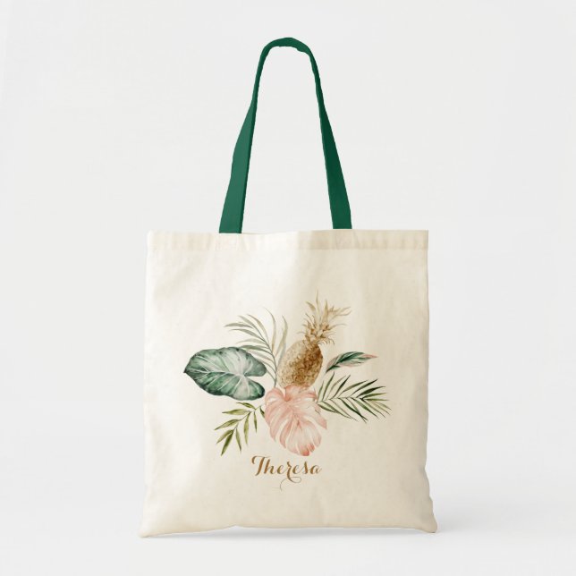 Tropical Modern Palm Pineapple Blush Personalized Tote Bag (Front)
