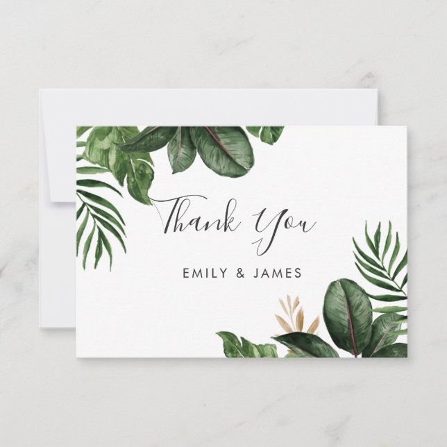 Tropical Modern Palm Rubber Tree Gold Leaf Thank You Card (Front)