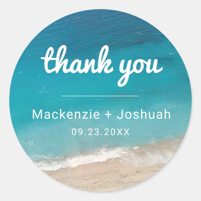 Tropical Modern Sand Beach Thank You Wedding Favor Classic Round Sticker (Front)