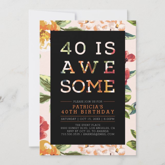 Tropical Modern Typography 40th Birthday Party Invitation (Front)