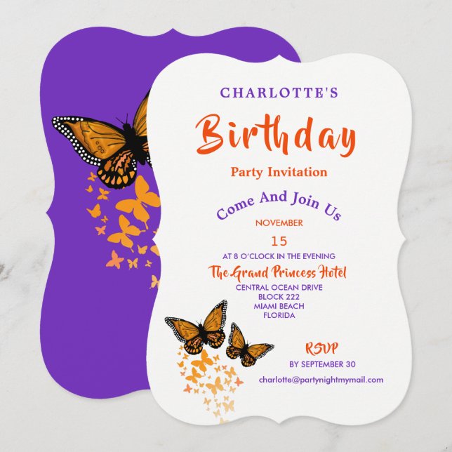 Tropical Monarch Butterflies Birthday Invite (Front/Back)