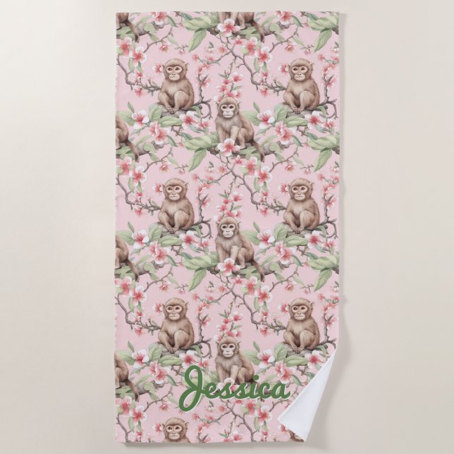 Tropical Monkey | Pink Personalized Beach Towel (Front)