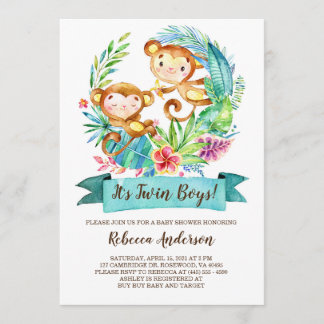 Tropical Monkeys Twin Boys Baby Shower Invitation