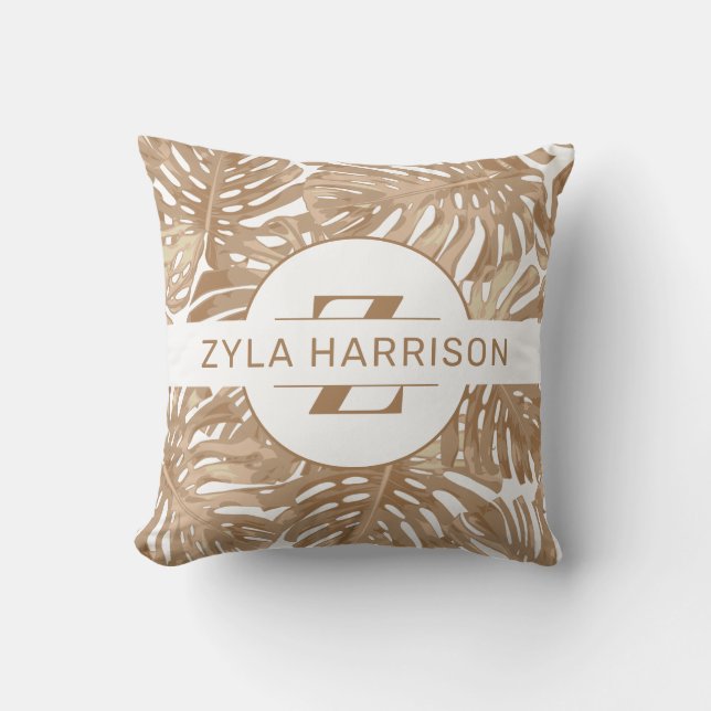 Tropical Monogram Boho Brown White Palm Leaves Throw Pillow (Front)