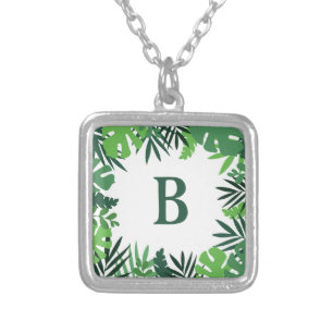 Tropical monogram green palm leaves floral frame silver plated necklace