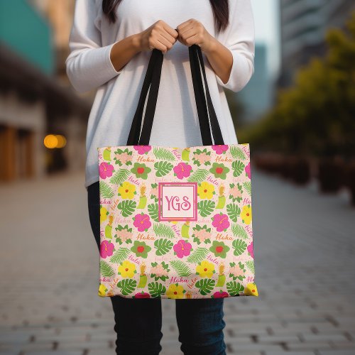 Tropical Monogram Hawaiian Flower Aloha Hula Woman Tote Bag