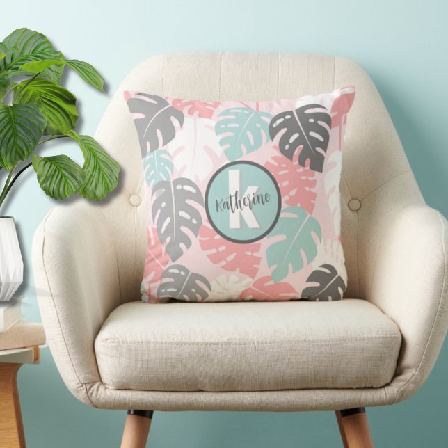 Tropical Monogram Inital Throw Pillow (Modern Monogram Pink Monstera Leaf Throw Pillow)