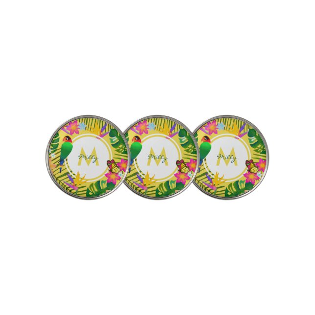 Tropical Monogram Jungle Flowers Yellow Monogram Golf Ball Marker (3 Up)