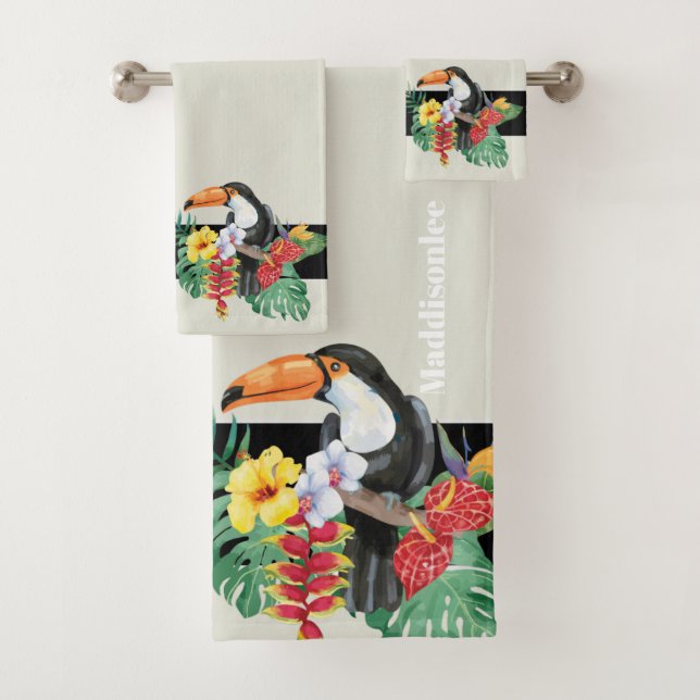 Tropical Monogram Name Black Toucan Bathroom  Bath Towel Set (Insitu)