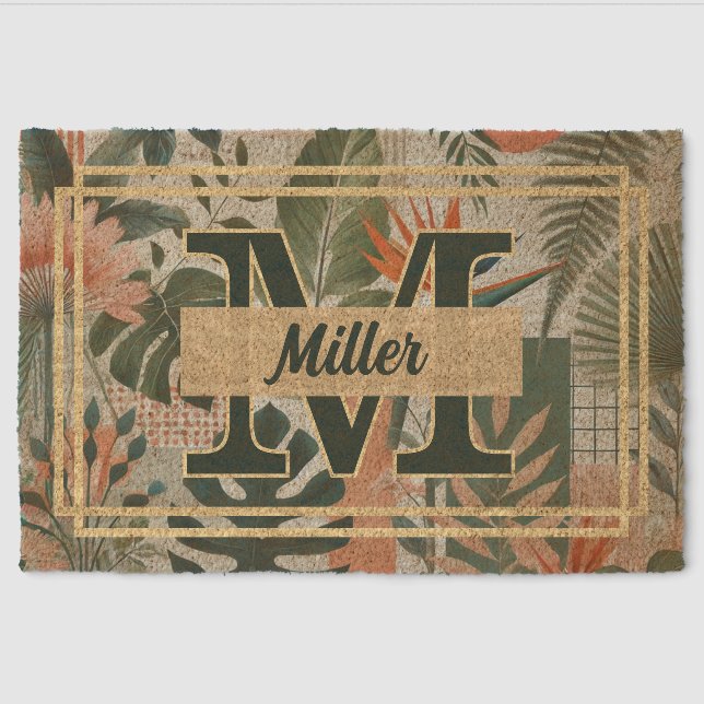 Tropical Monogram Name with Palm Monstera Plants Fiber Doormat (Front)