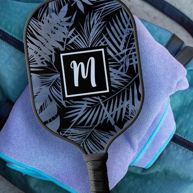 Tropical Monogram Palm Navy Blue Ombre Bold Modern Pickleball Paddle (Creator Uploaded)