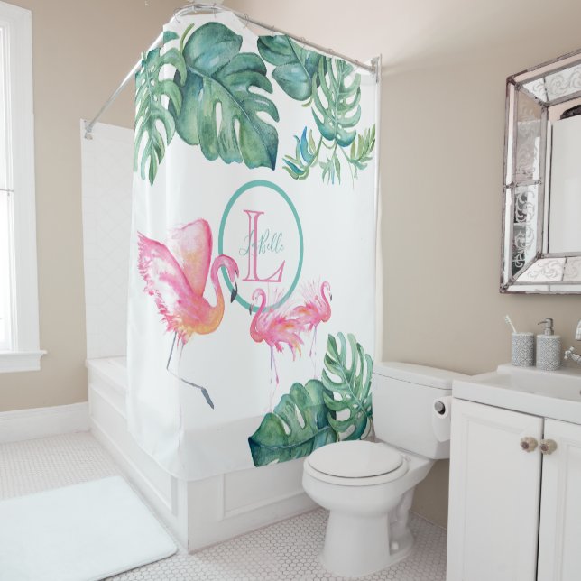 Tropical Monogram Pink Flamingo Bathroom Decor Shower Curtain (In Situ)