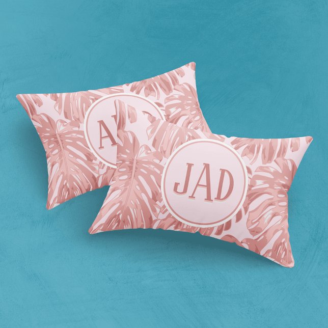 Tropical  Monogram Pink Monstera Jungle Leaves Pillow Case (Creator Uploaded)