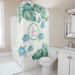 Tropical Monogram Sea Turtle Shower Curtain