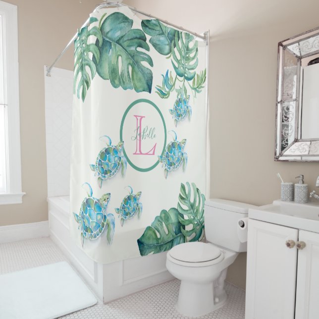Tropical Monogram Sea Turtle Shower Curtain (In Situ)