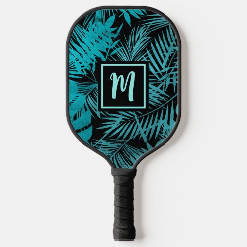 Tropical Monogram Teal Blue Palm Leaf Bold Modern Pickleball Paddle