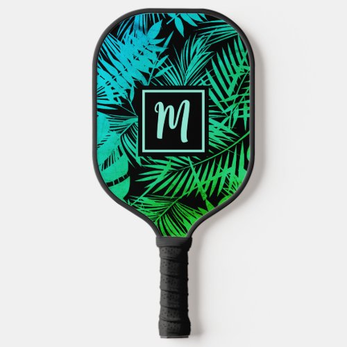 Tropical Monogram Teal Green Ombre Palm Modern Pickleball Paddle